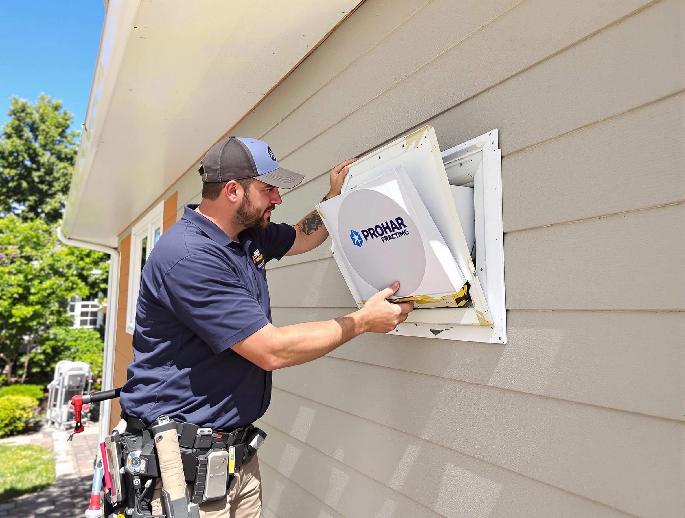 Kimberly Dryer Vent Cleaning technician installing a new protective dryer vent cover on a home in Kimberly