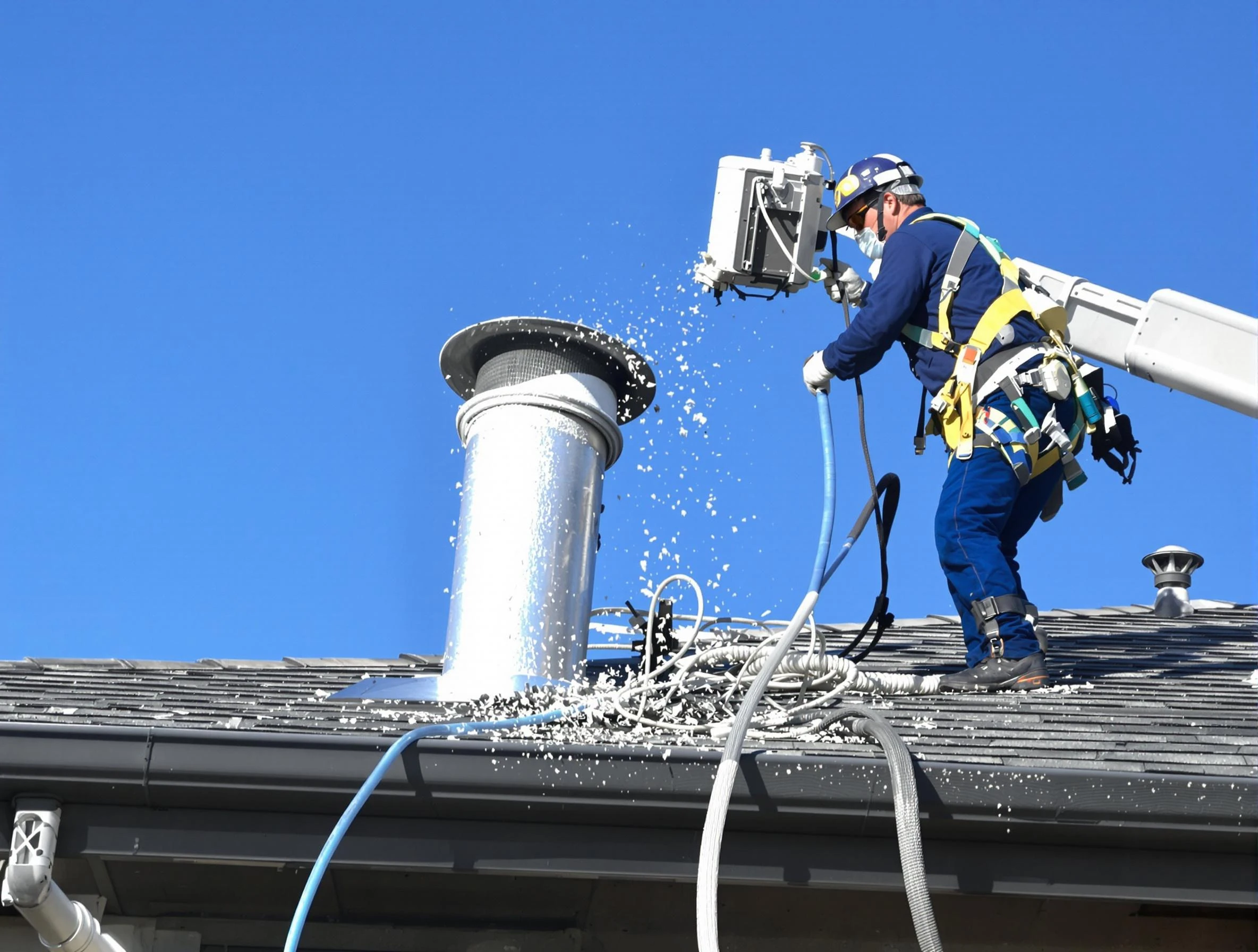 Kimberly Dryer Vent Cleaning certified technician safely cleaning a roof-mounted dryer vent in Kimberly
